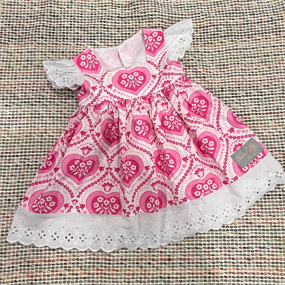 Eleanor Rose Pink ALINA CANDY HEARTS Dress Girls 12‎ Months White Eyelet Ruffle